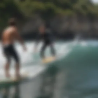 Instructor providing guidance to a novice surfer in Rincon, Puerto Rico