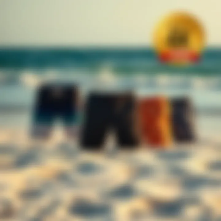 An array of modern surf shorts displayed on a sandy beach, highlighting various materials.