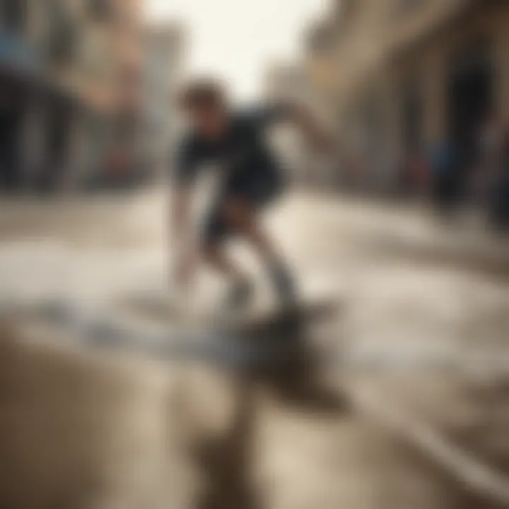 Skater performing tricks on a surf skateboard in an urban setting.