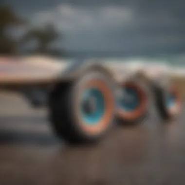 Close-up of surf skateboard wheels and trucks, highlighting their functionality.