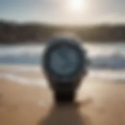 A surf smartwatch displaying wave data on the beach