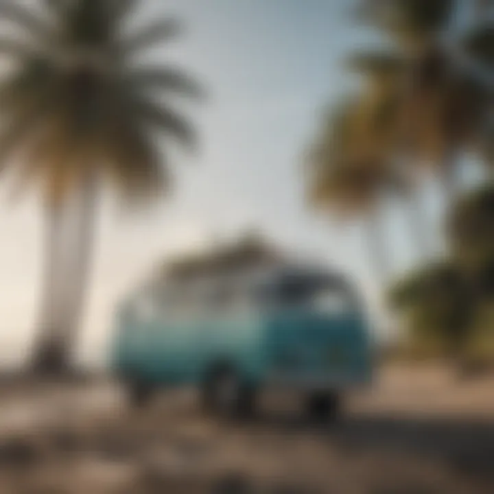 Surf van parked under palm trees with ocean in the background