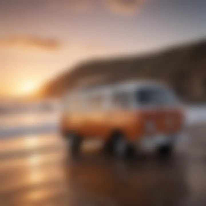 Surf van parked at sunset on a rugged coastline