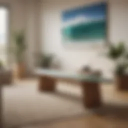 A stylish surfboard bench in a modern living room setting