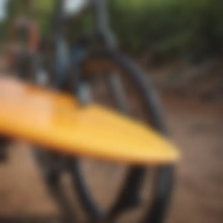 Close-up of a surfboard carrier attached to a bicycle