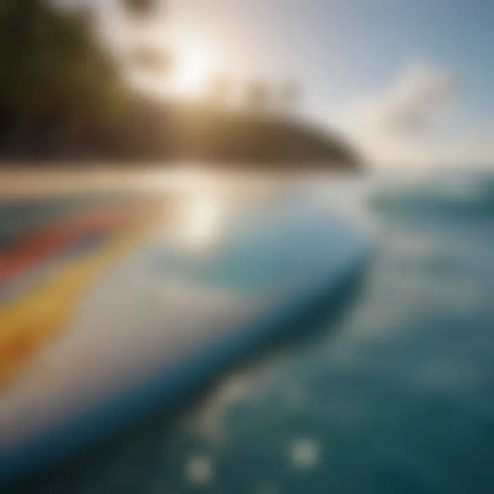 Tropical themed surfboard decal against ocean backdrop