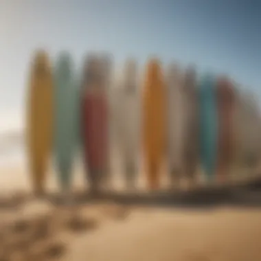 A selection of various surfboards arranged on a sandy beach