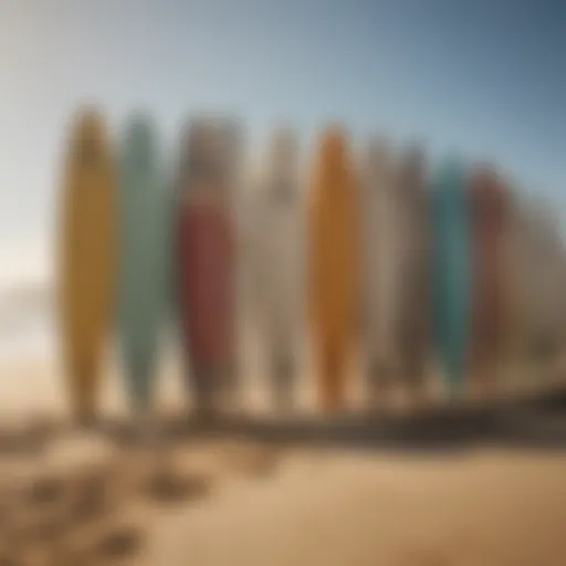 A selection of various surfboards arranged on a sandy beach