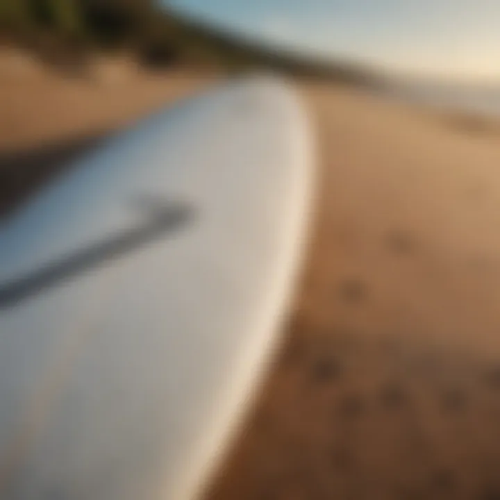 Surfboard with Surfer's Journal magazine on a sandy shore