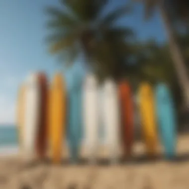 Surfboard lineup on a tropical beach