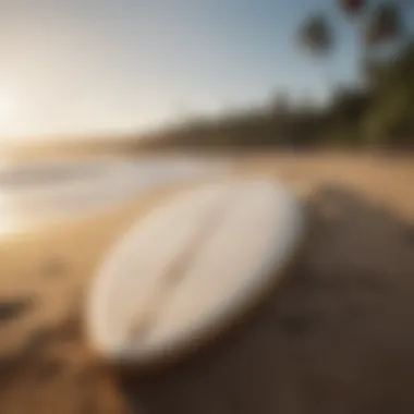 Surfboard resting on the golden sand of Montezuma beach