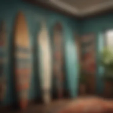 A surfboard leaning against a colorful wall adorned with Patagonia Hawaiian shirts