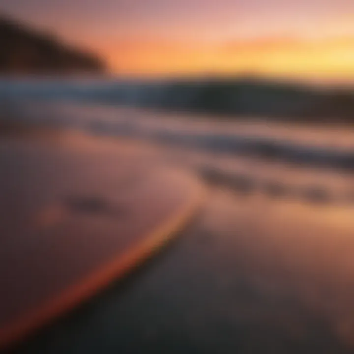 Surfboard Silhouette against Fiery Sunset