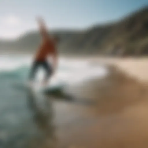 A surfer performing balance exercises on a surfboard