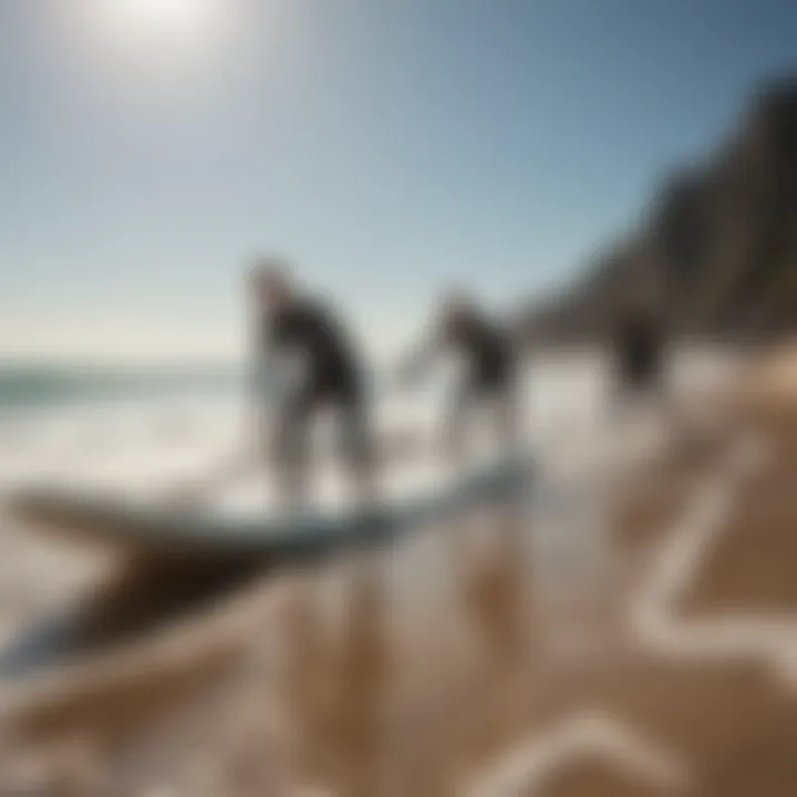 Group of individuals engaging in surfboard workouts