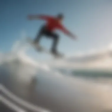 Surfboarder balancing on the edge of the half pipe