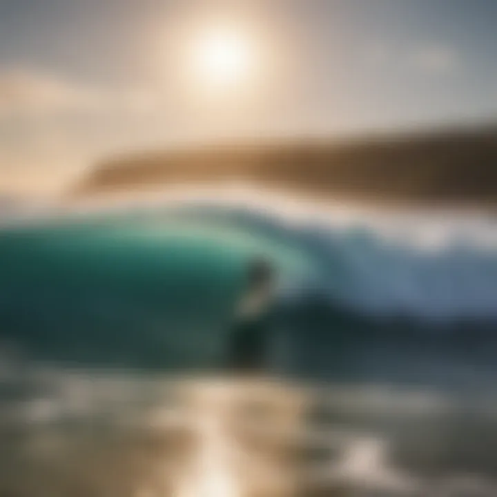 Breathtaking beach view with surfers in the distance