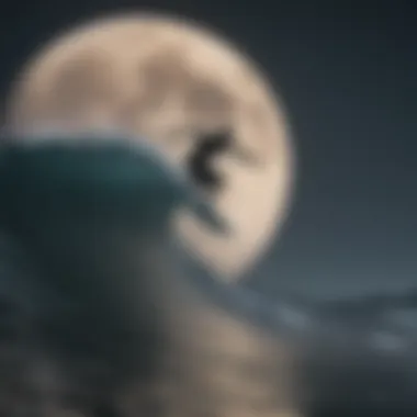 Imaginative depiction of surfboarding under the Moon's gravitational pull