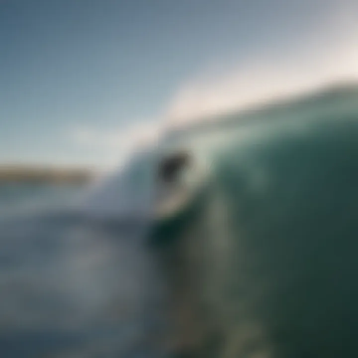 Panoramic view of surfer gracefully performing a bottom turn on a glassy wave