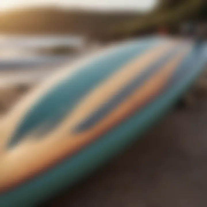 Close-up of surfboard fins and deck