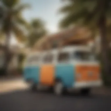 Surfboards loaded on top of a classic vintage surf van