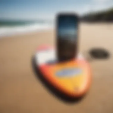 Surfboards on a sandy beach with tide app displayed