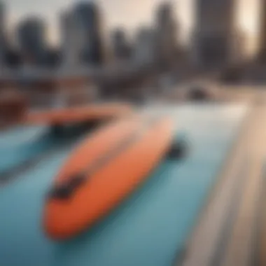 A close-up view of surfboards secured on a rooftop carrier, highlighting safety features.