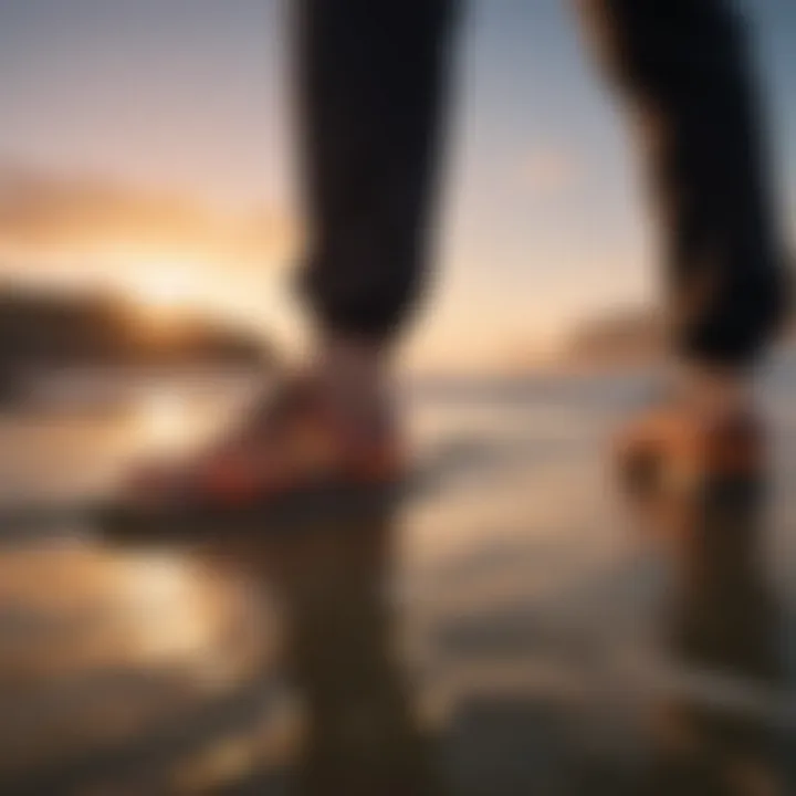 Surfers enjoying a vibrant sunset with a focus on stylish footwear