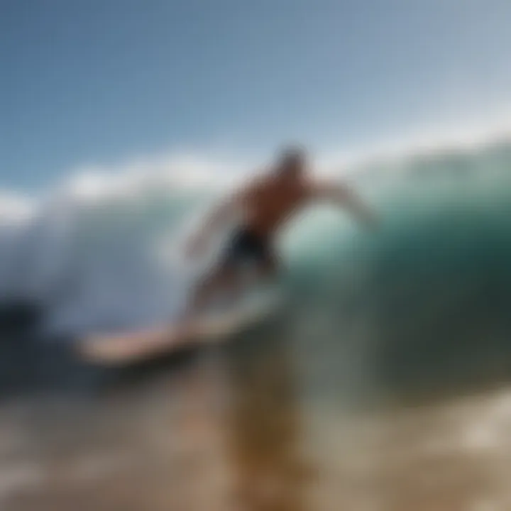 Surfer carving a wave with waxed board