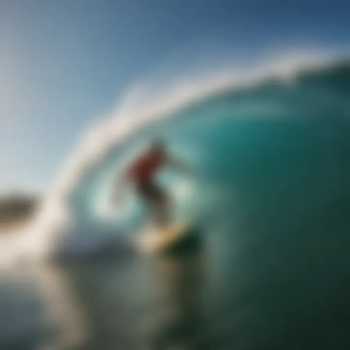 Surfer catching a wave on a vibrant beach