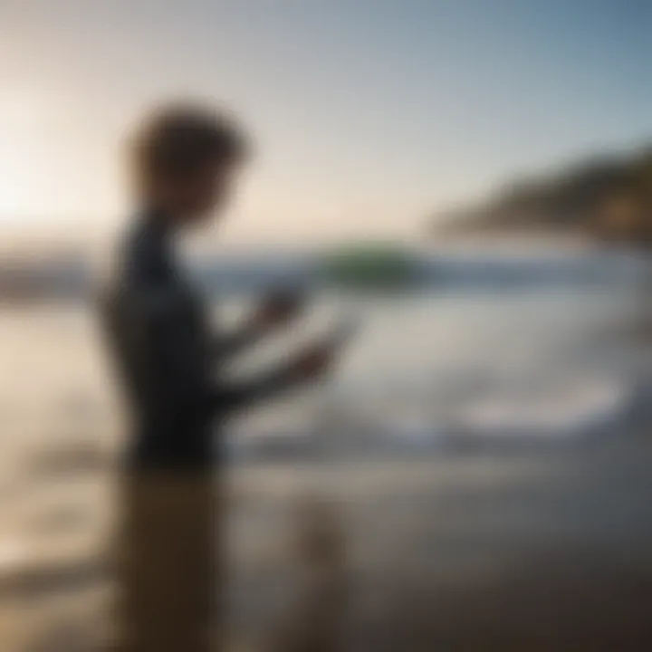 Surfer checking tide information on a digital device