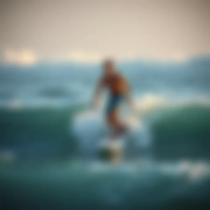 A surfer riding a wave, wearing eco-friendly surf shorts, symbolizing sustainability.