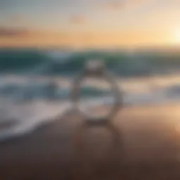A stunning surfer engagement ring set against a backdrop of ocean waves.