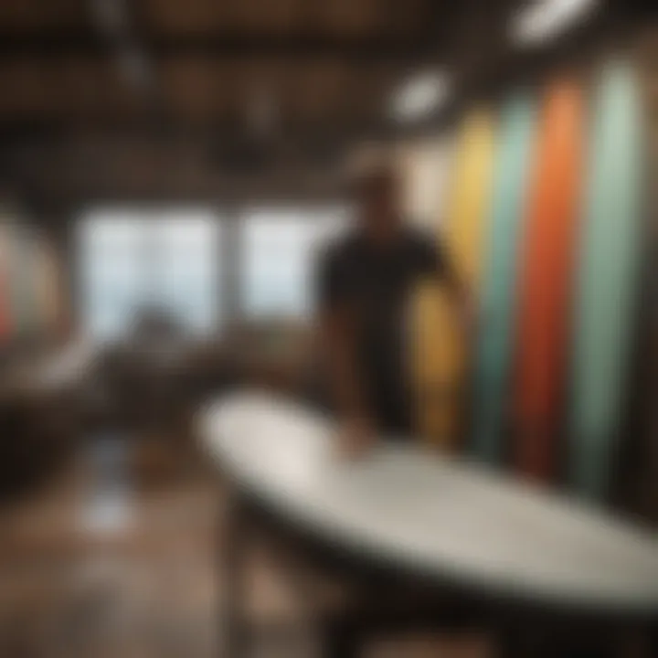 Surfer examining surfboard in surf shop