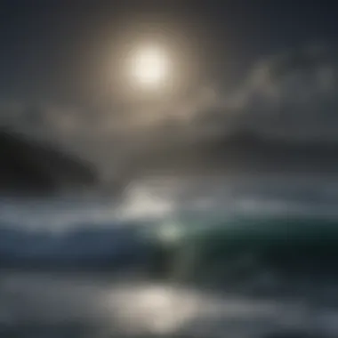 A surfer riding a wave under a full moon, illustrating the connection between surf conditions and lunar phases.