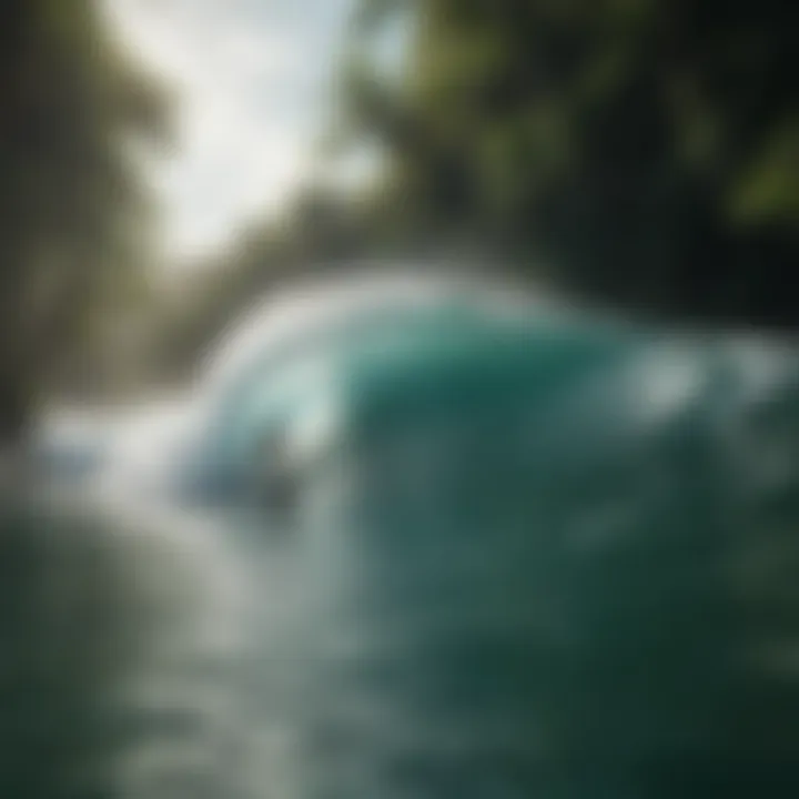 Surfer riding a giant wave with lush green jungle scenery in the background