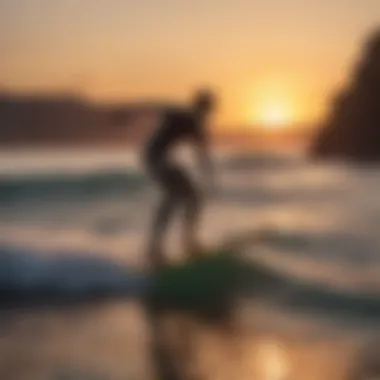 Surfer riding a hydrofoil surfboard against a colorful sunset backdrop