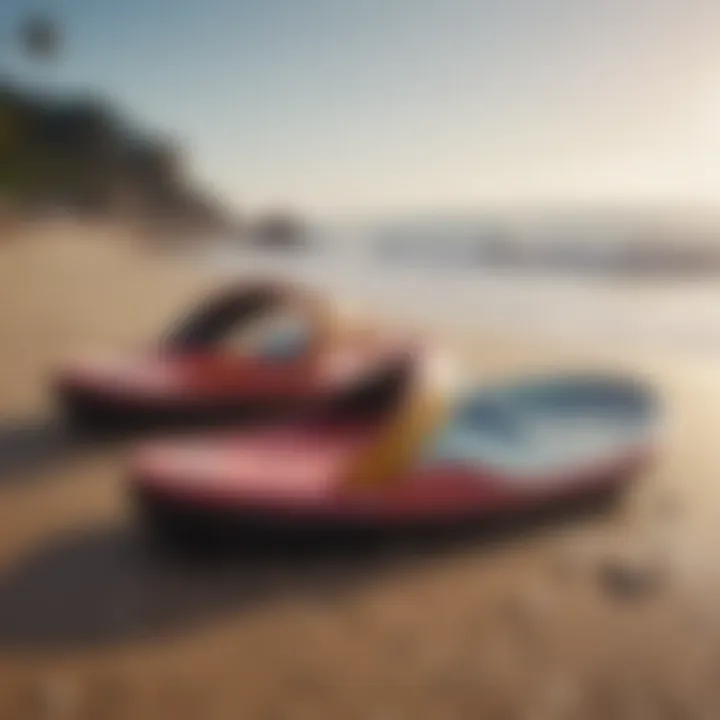 A vibrant pair of surfer slippers on the beach with waves in the background