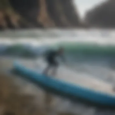 Surfer practicing techniques on inflatable mat in calm waters