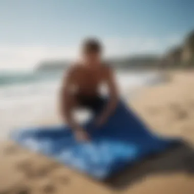 Surfer unpacking IKEA tarp bag at the beach