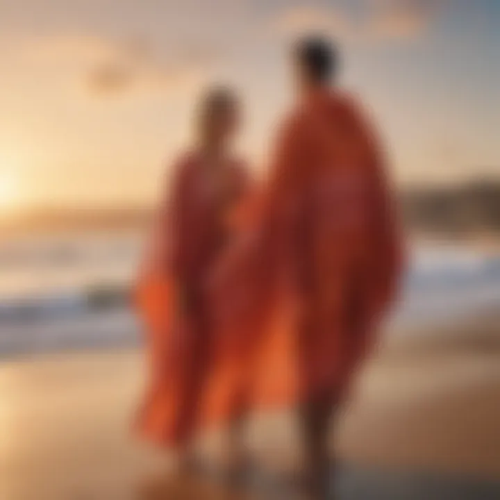 Surfer using a changing poncho with vibrant beach sunset in the background