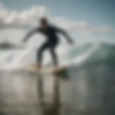 A surfer demonstrating the proper use of a longboard leash in the ocean