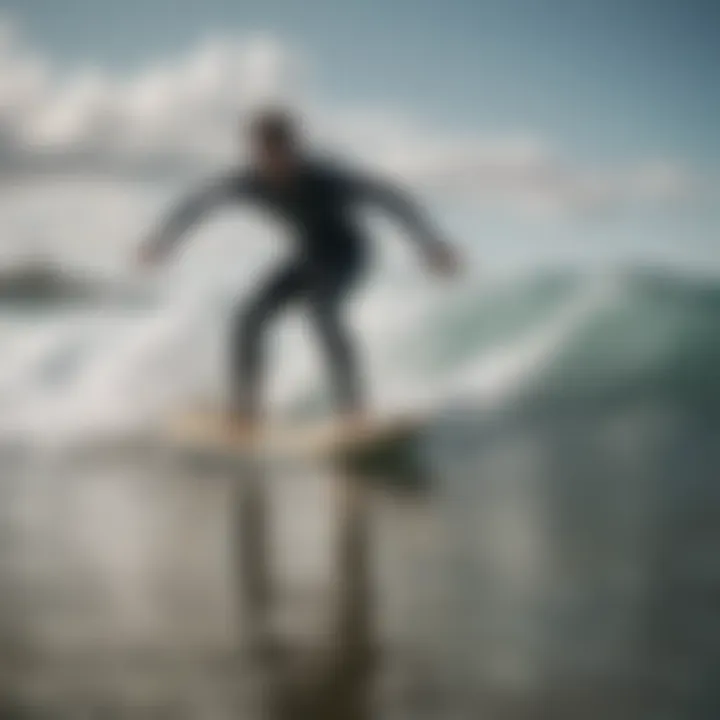 A surfer demonstrating the proper use of a longboard leash in the ocean