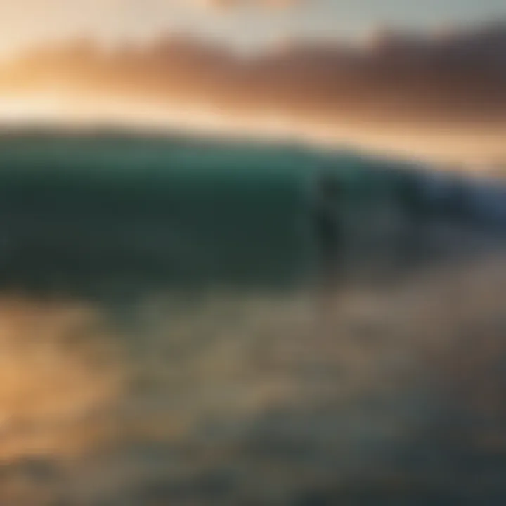 Surfers catching waves during a vibrant sunset