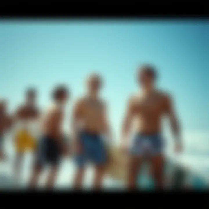 A group of surfers enjoying a beach day, each wearing unique surf shorts representing personal style.