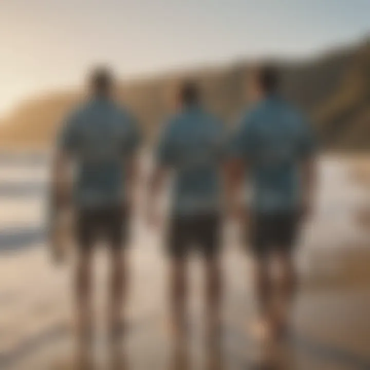 A group of surfers wearing Patagonia Hawaiian shirts on the beach at sunset