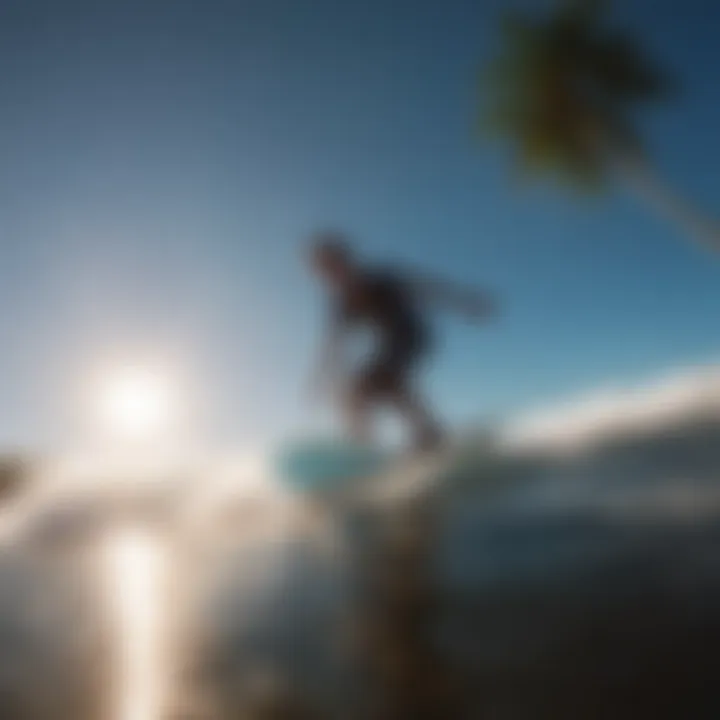 Surfer in action on a longboard under clear blue skies