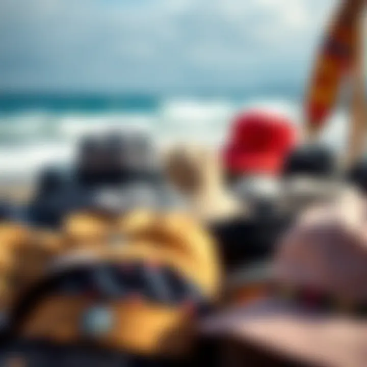 Different styles of bucket hats displayed at a beach