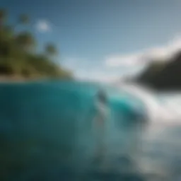 Vibrant Fiji coastline with surfers catching waves
