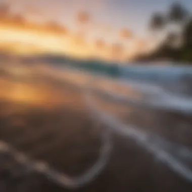 Surfboard with vibrant tropical sunset in the background